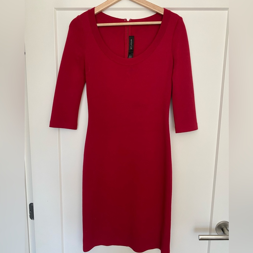 St. John Wool Blend Red Cherry Pink V Neck Dress